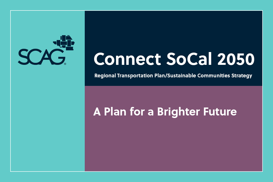 SCAG Connect SoCal 2050 plan cover, teal and purple design.